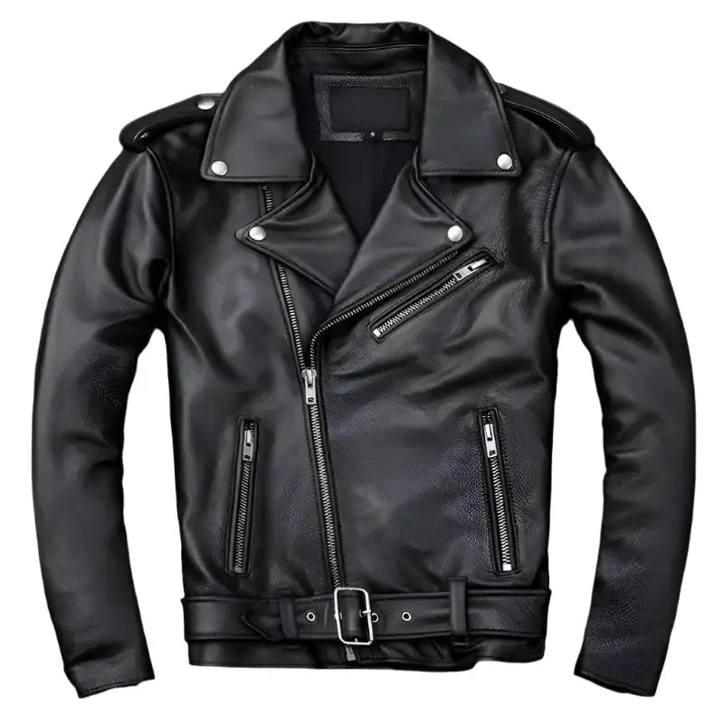 Men's Genuine Cowhide Leather Asymmetrical Café Racer Jacket-0