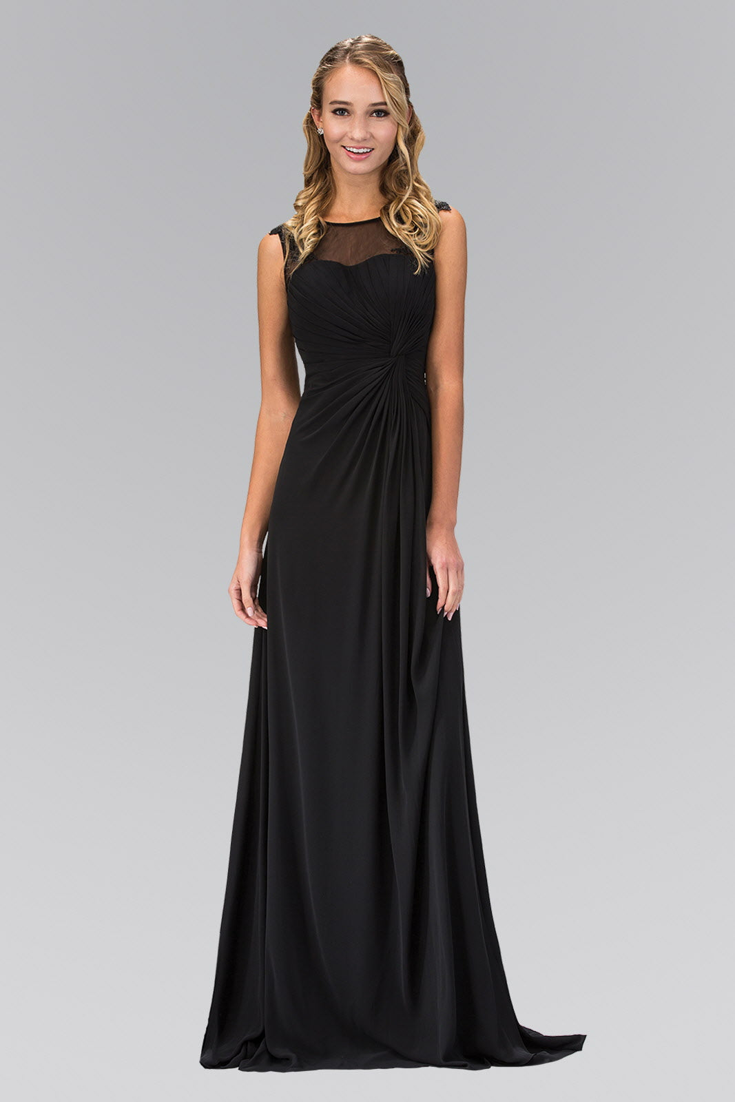 USA Ruched Floor Length Dress with Illusion Neckline and Sheer Back