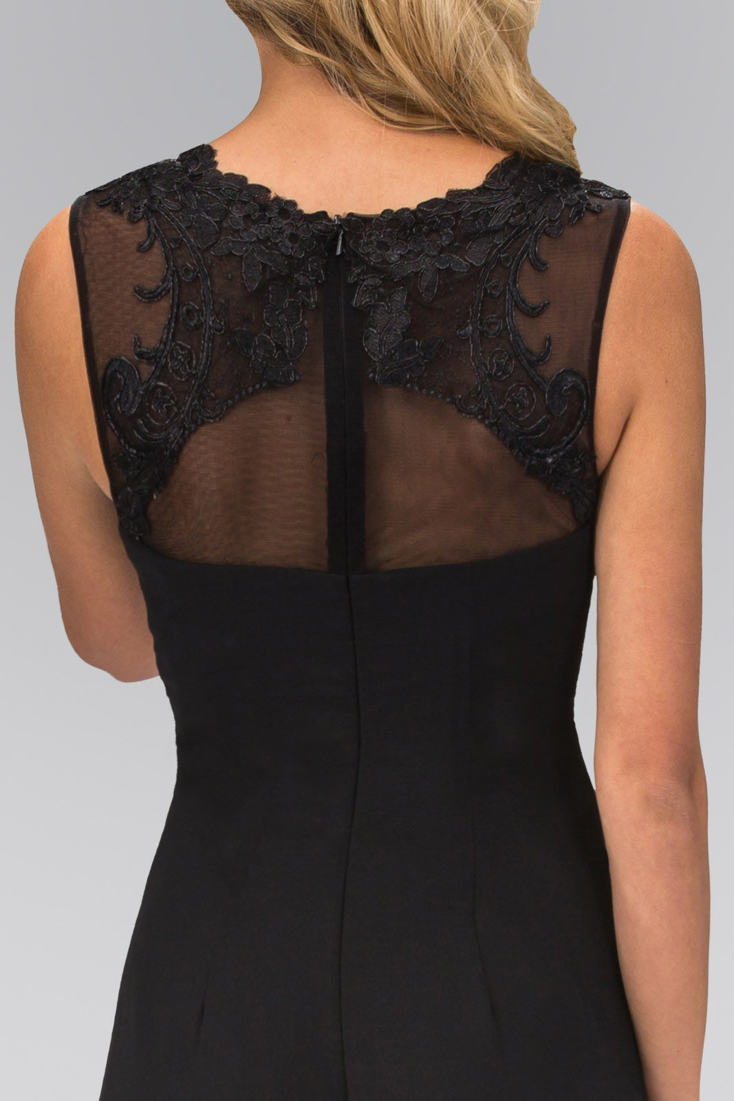 USA Ruched Floor Length Dress with Illusion Neckline and Sheer Back