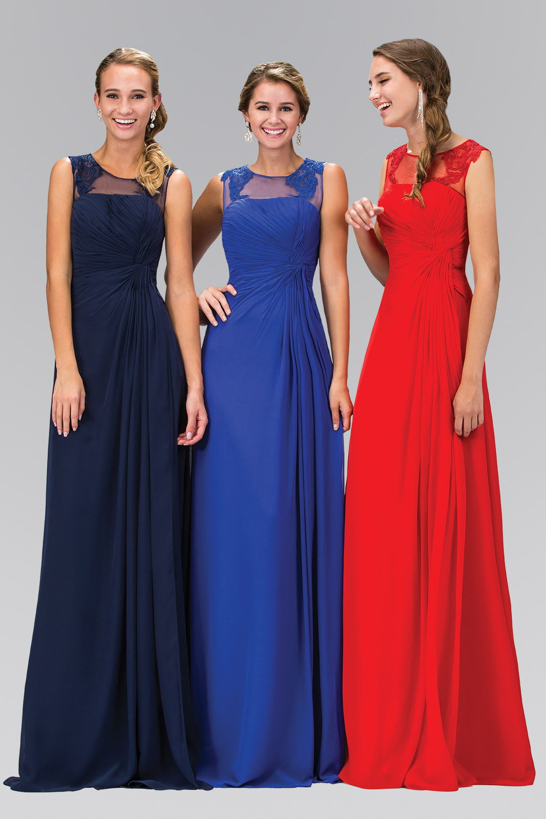 USA Ruched Floor Length Dress with Illusion Neckline and Sheer Back