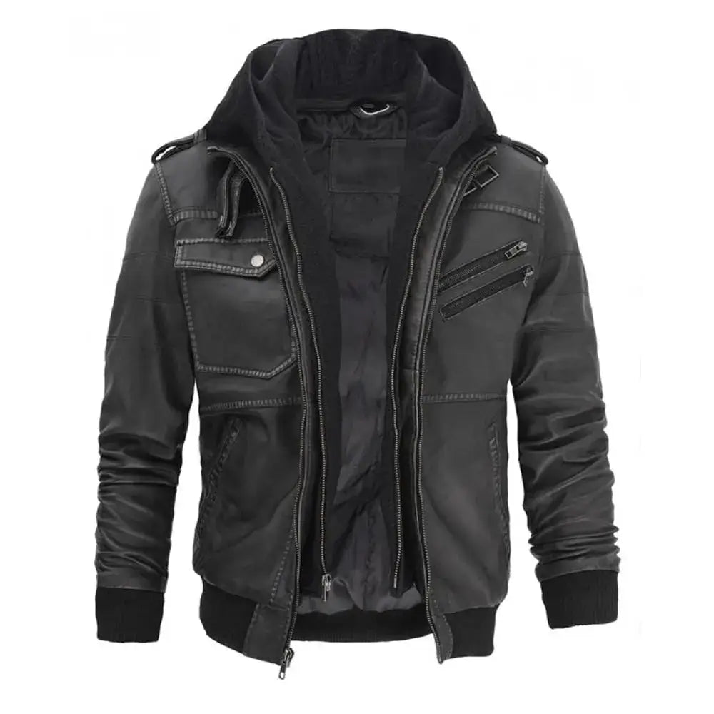 Men’s Grey Hooded Leather Bomber Jacket