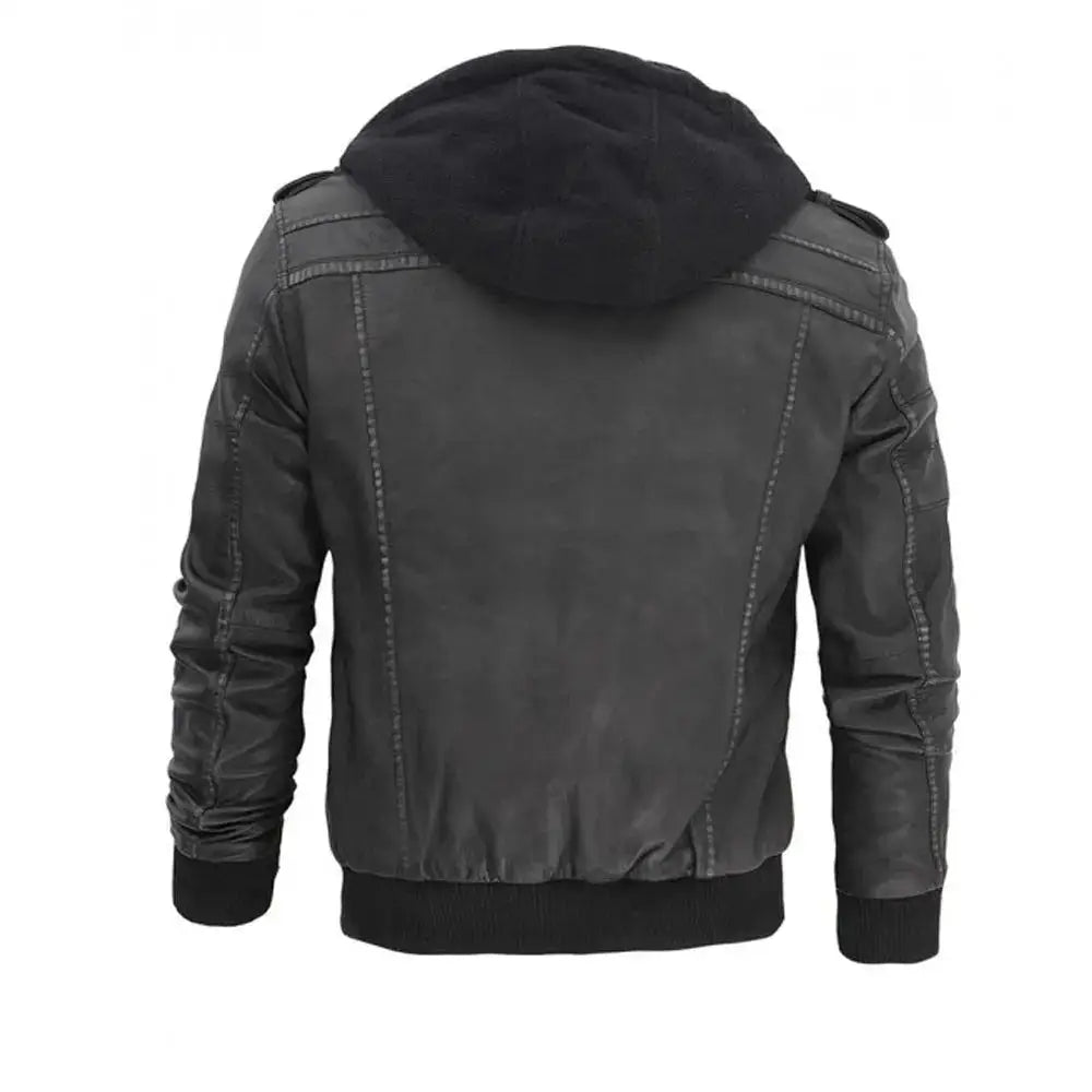 Men’s Grey Hooded Leather Bomber Jacket