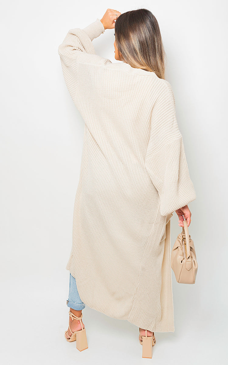 Moda Chunky Knitted Balloon Sleeve Long Maxi Cardigan