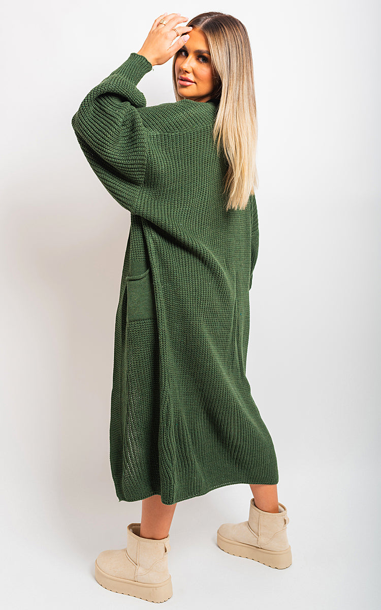 Moda Chunky Knitted Balloon Sleeve Long Maxi Cardigan