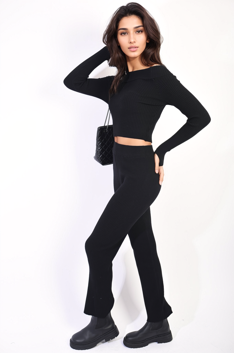 Moda Knitted Long Sleeves Cropped Off Shoulder Top and Trousers Co-ord Set