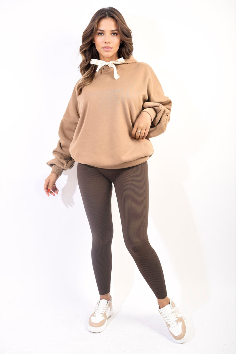 Moda Oversized Ruched Sleeves Knitted Hoodie with Ribbon Detail
