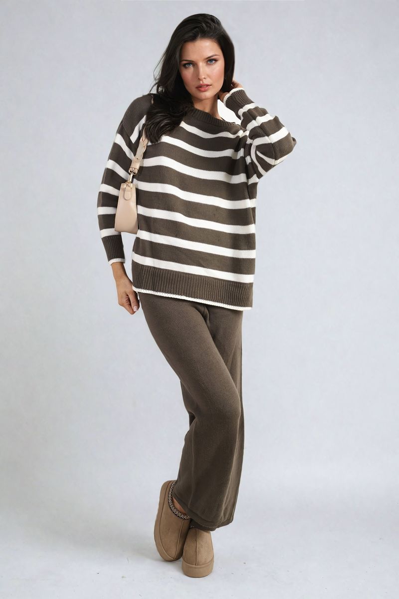 Knitted Striped Long Sleeve Top and Pants Co-ord Set-0