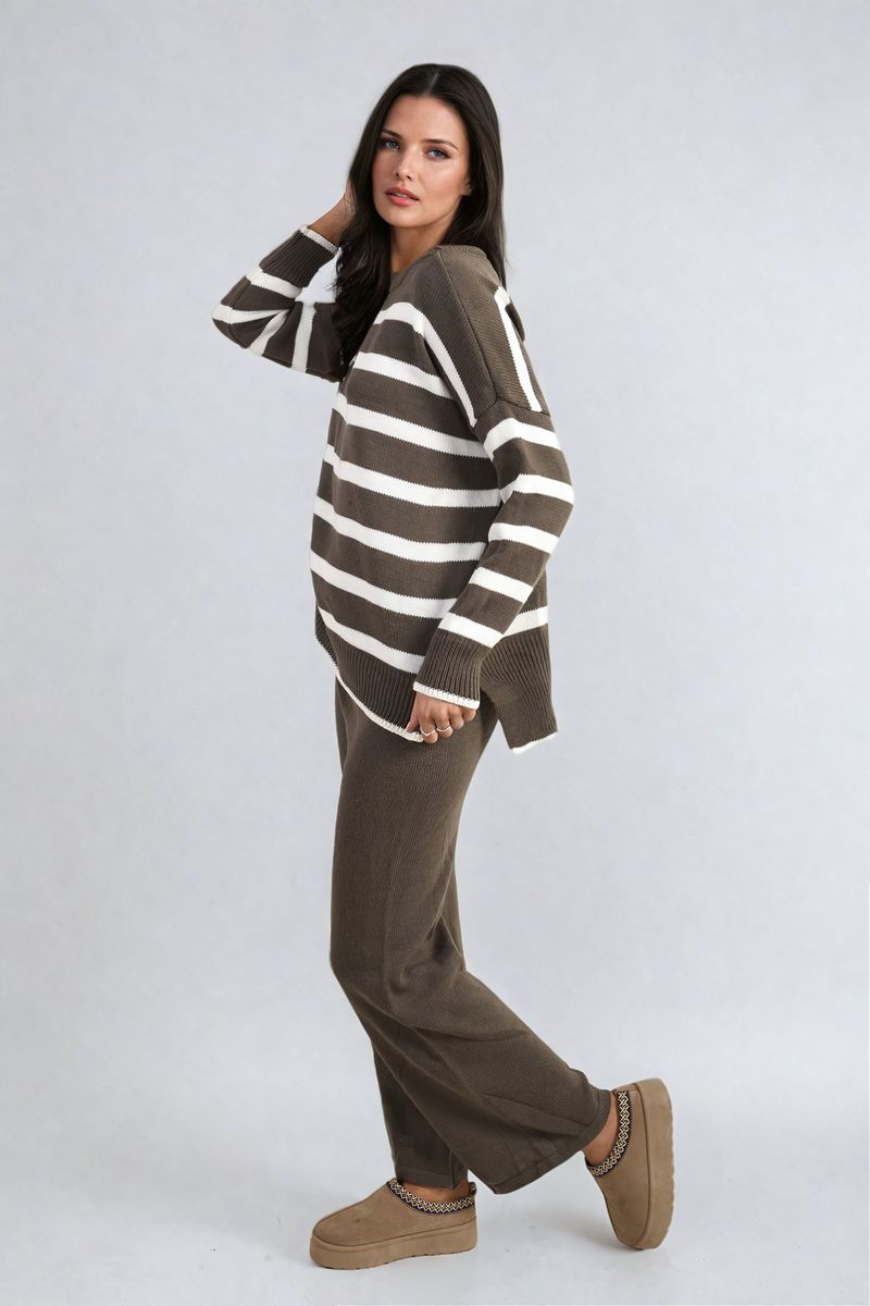 Knitted Striped Long Sleeve Top and Pants Co-ord Set-2