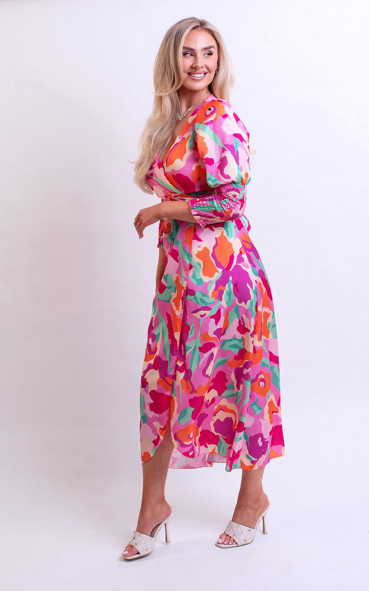 Moda Wrap Front Printed Midi Dress