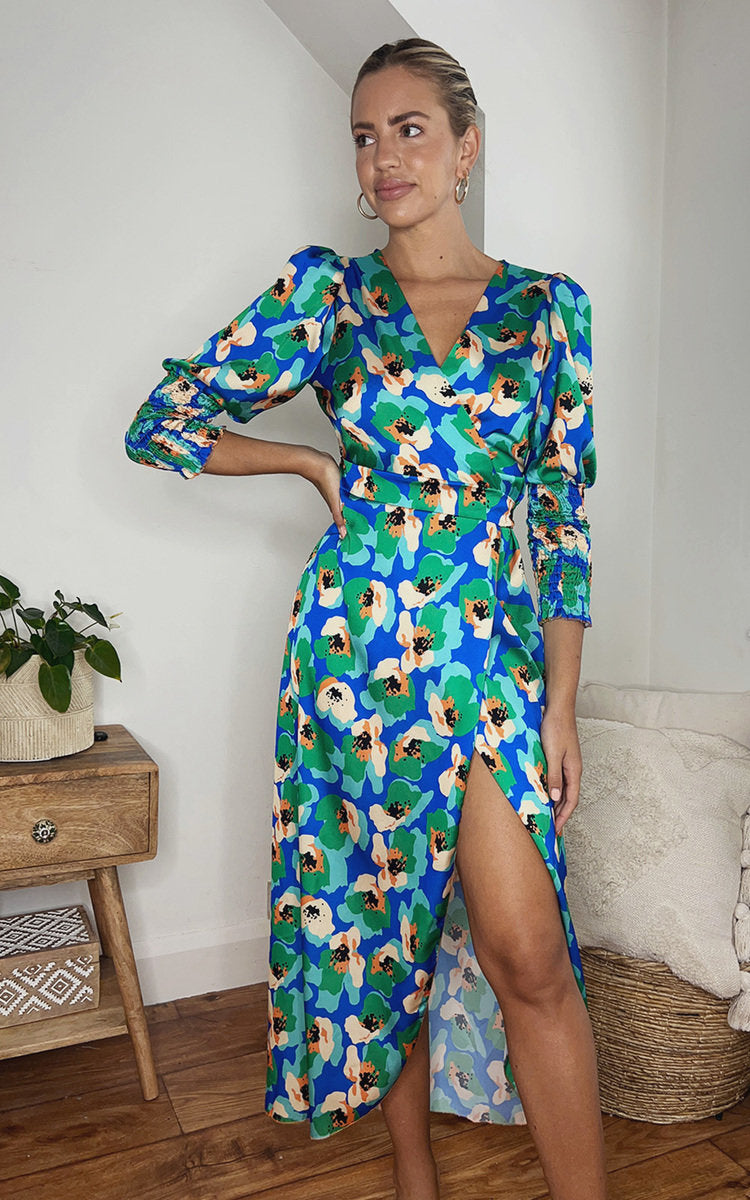 Moda Wrap Front Printed Midi Dress