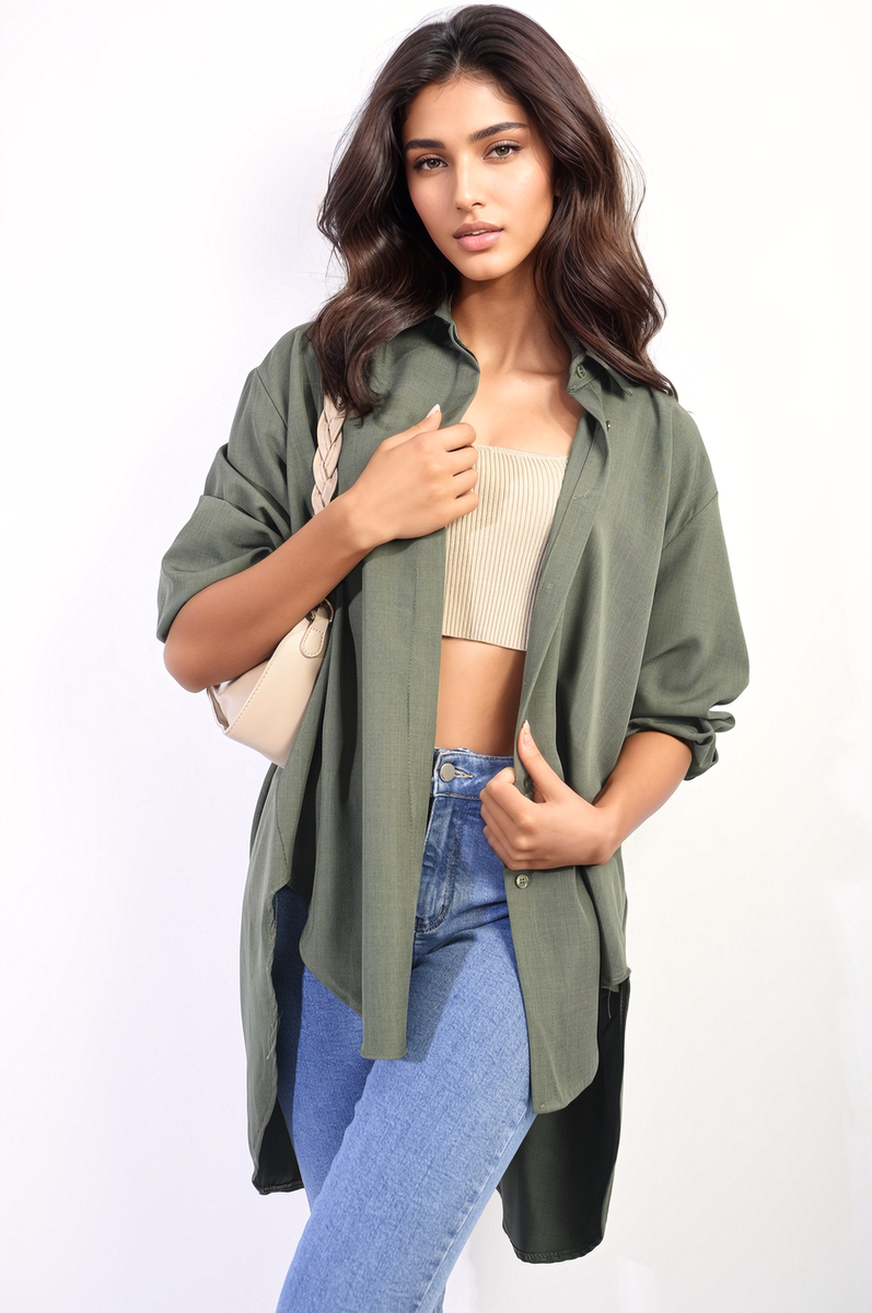 Moda Button Up Oversized Long Back Shirt Dress