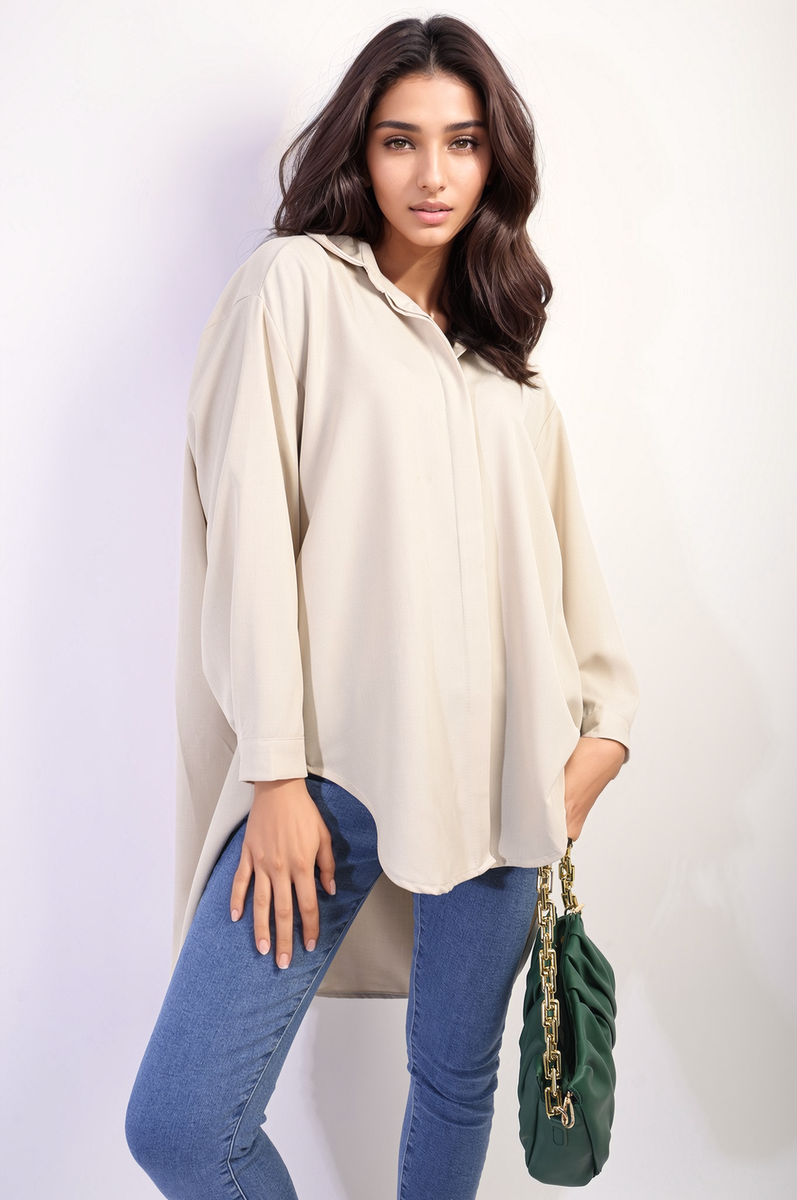 Moda Button Up Oversized Long Back Shirt Dress