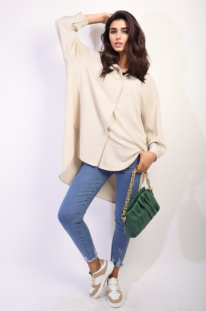 Moda Button Up Oversized Long Back Shirt Dress