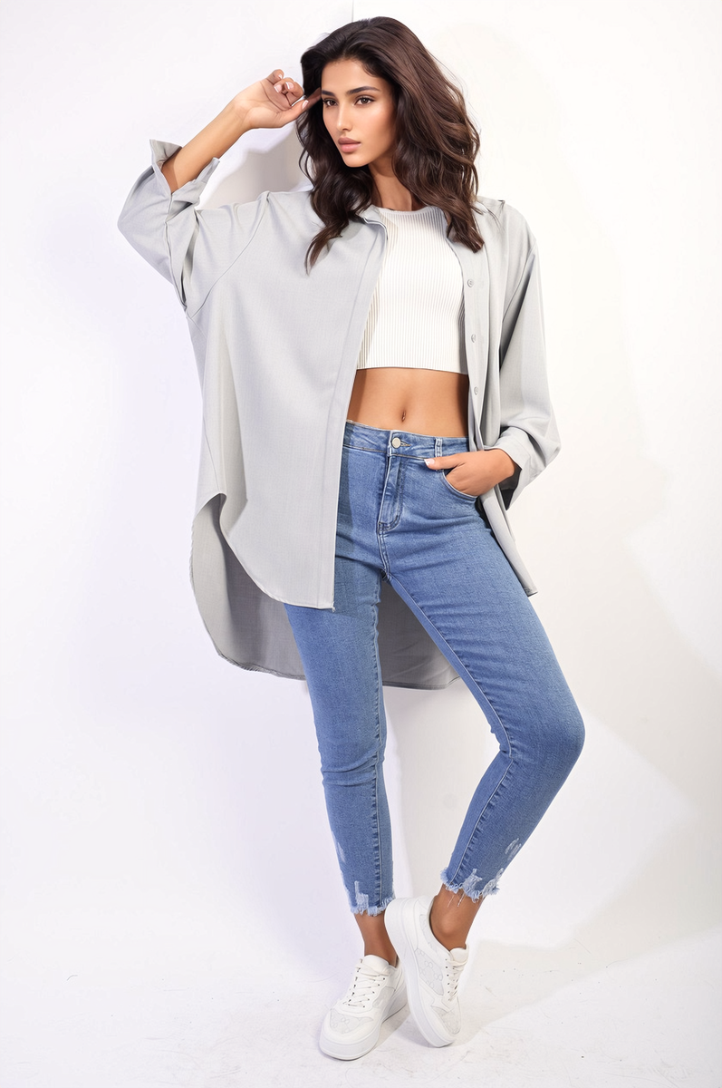 Moda Button Up Oversized Long Back Shirt Dress