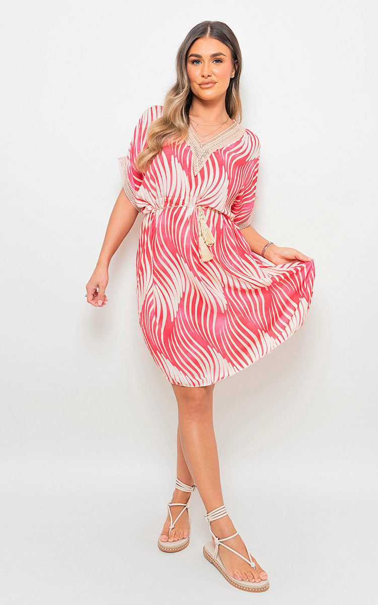 Moda Belted Lace Panel Printed Mini Dress