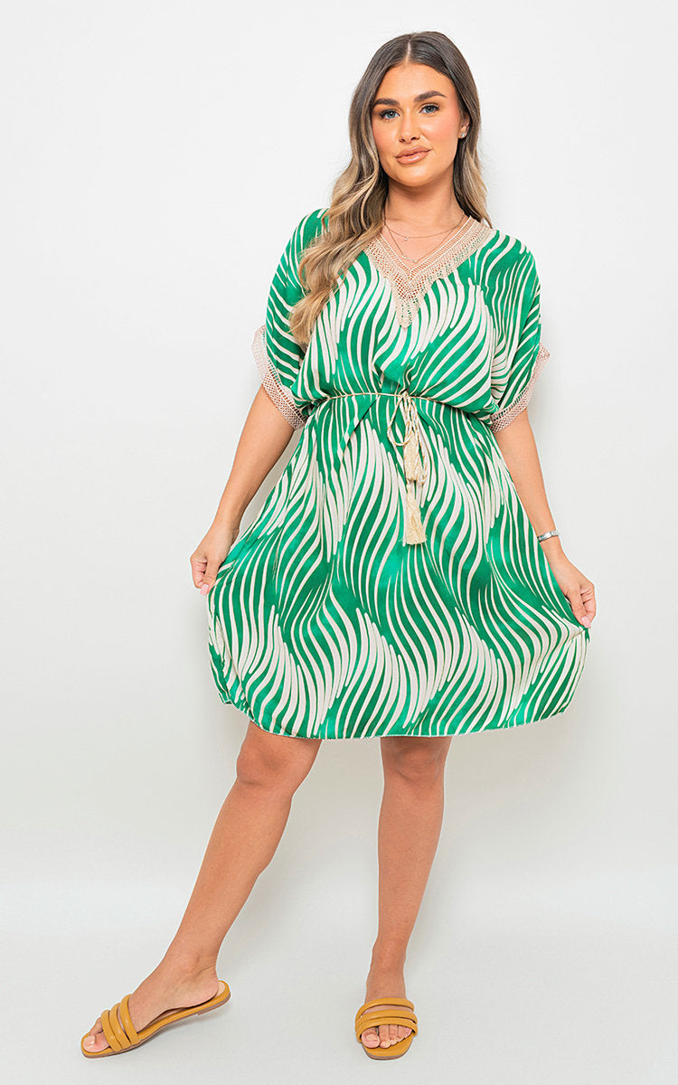 Moda Belted Lace Panel Printed Mini Dress