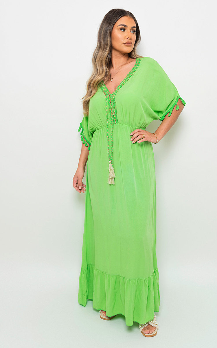Moda V-Neck Rope Tassel Detail Maxi Dress