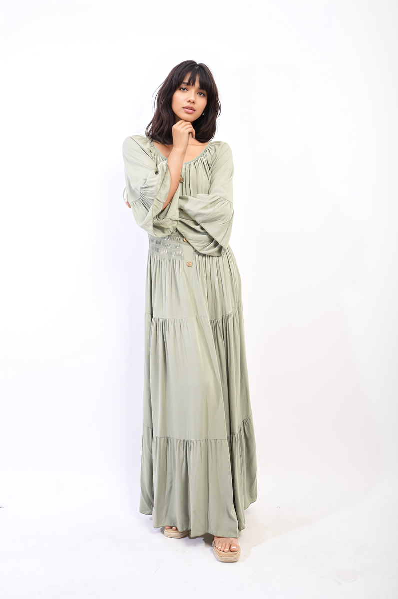 Moda Ruffle Hem Sleeve Shirred Waist Tiered Maxi Dress