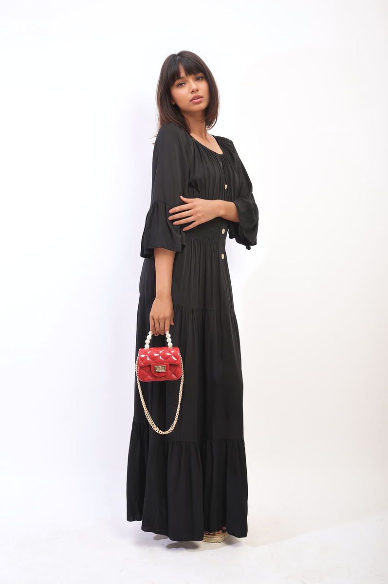 Moda Ruffle Hem Sleeve Shirred Waist Tiered Maxi Dress
