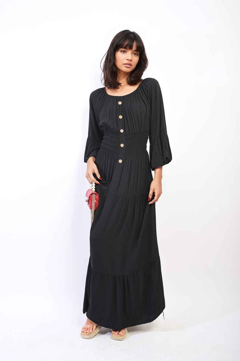 Moda Ruffle Hem Sleeve Shirred Waist Tiered Maxi Dress