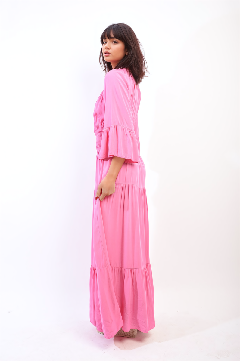 Moda Ruffle Hem Sleeve Shirred Waist Tiered Maxi Dress
