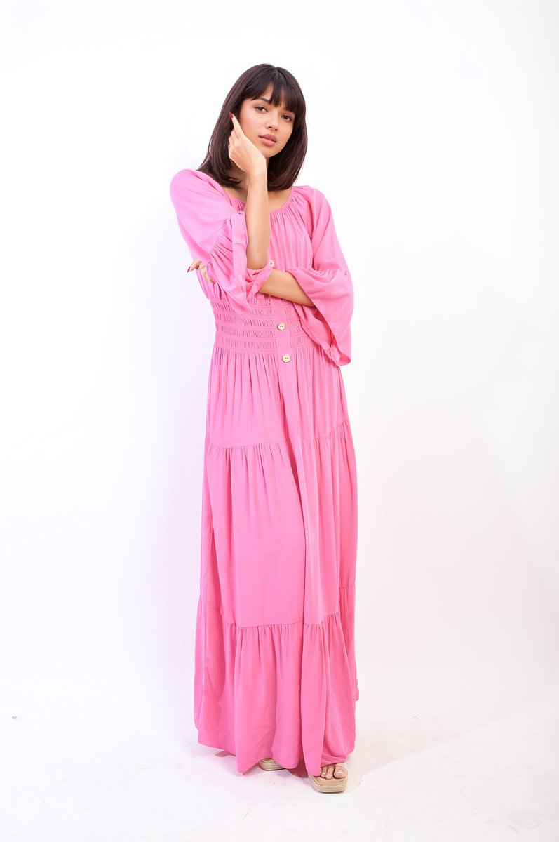 Moda Ruffle Hem Sleeve Shirred Waist Tiered Maxi Dress