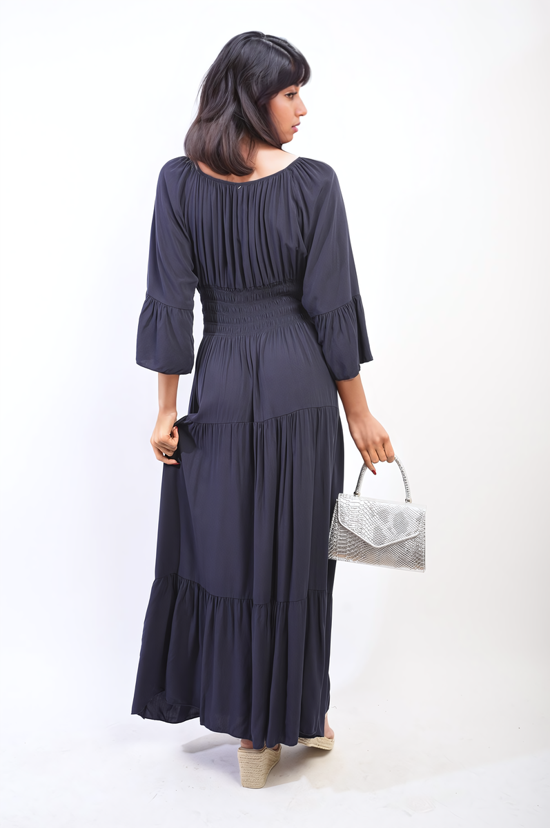 Moda Ruffle Hem Sleeve Shirred Waist Tiered Maxi Dress