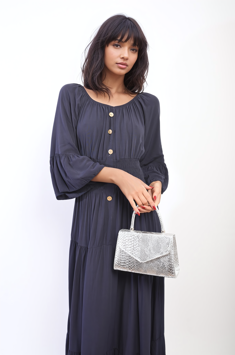 Moda Ruffle Hem Sleeve Shirred Waist Tiered Maxi Dress