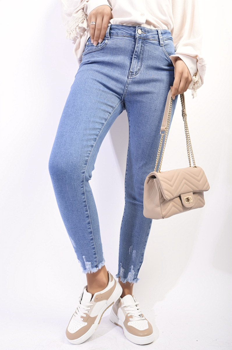 Moda High Waist Distressed Hem Skinny Jeans