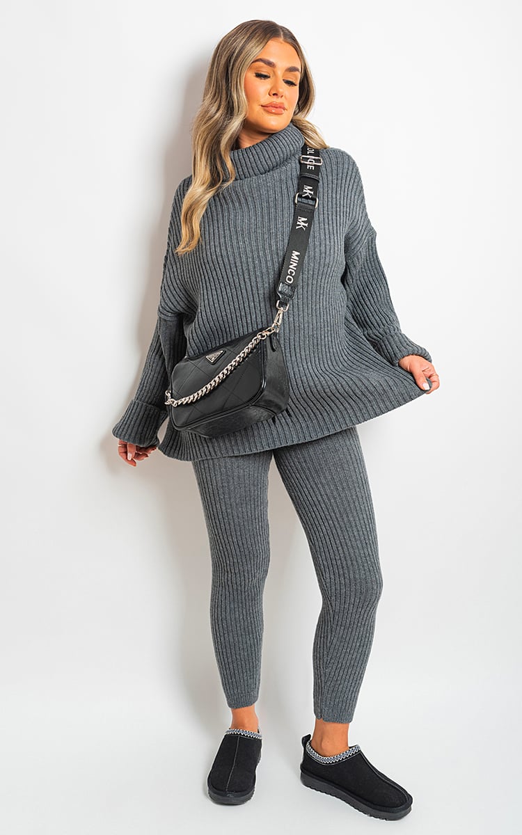 Moda Chunky Knitted High Roll Neck Top Bottom Co-ord Set