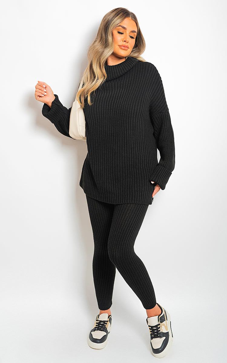 Moda Chunky Knitted High Roll Neck Top Bottom Co-ord Set