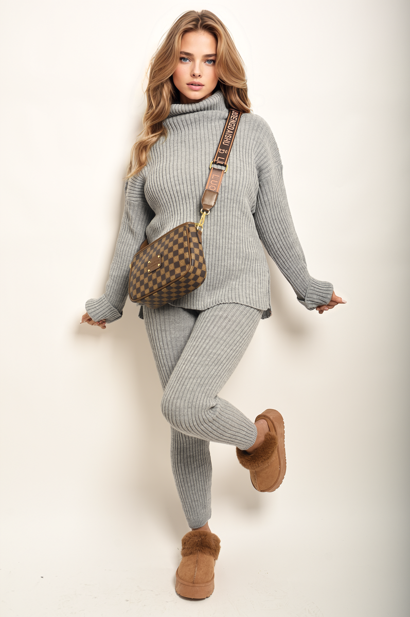 Moda Chunky Knitted High Roll Neck Top Bottom Co-ord Set