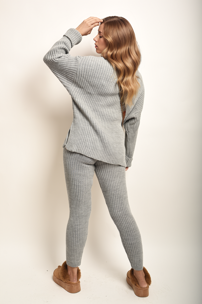 Moda Chunky Knitted High Roll Neck Top Bottom Co-ord Set