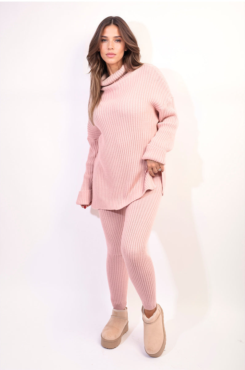 Moda Chunky Knitted High Roll Neck Top Bottom Co-ord Set