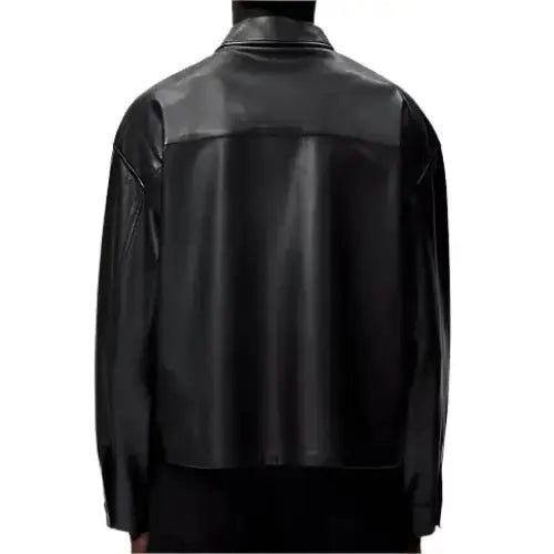 Mens Black Leather Button-Up Overshirt-1