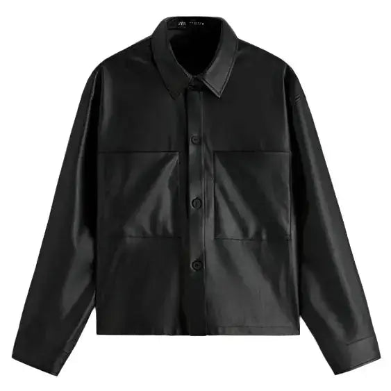 Mens Black Leather Button-Up Overshirt-0