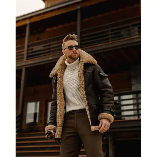 Mens Shearling Leather Aviator Jacket-4