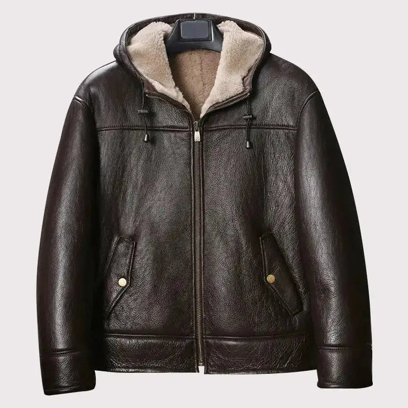 Men’s Brown Hooded B3 Shearling Motorcycle Jacket-0