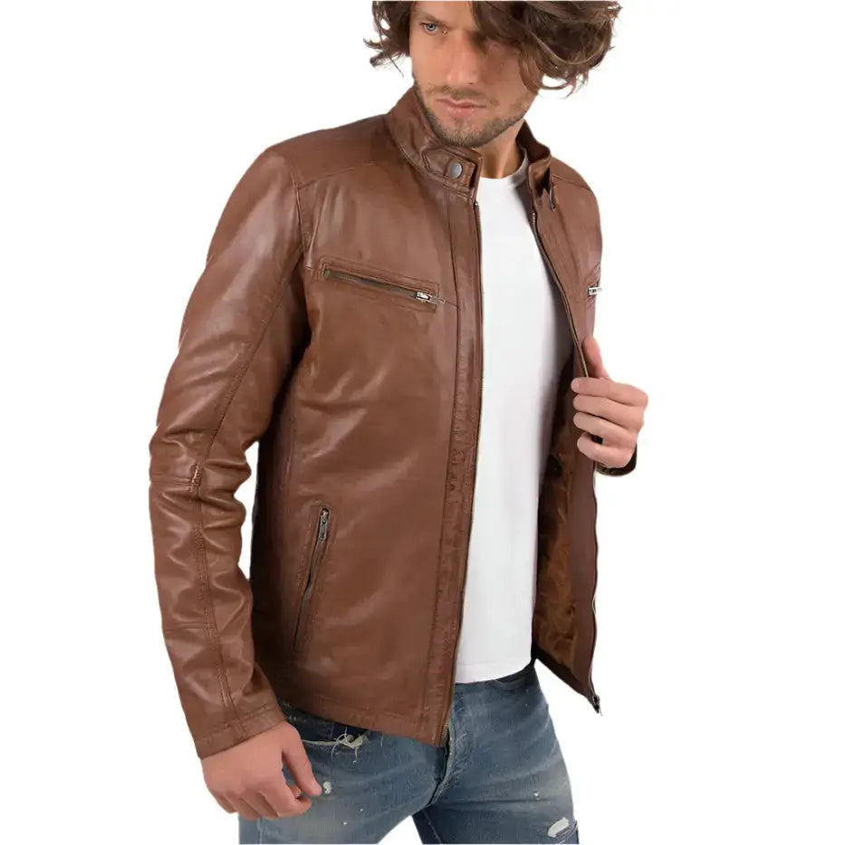 Mens Cognac Sheep Leather Biker Jacket-1