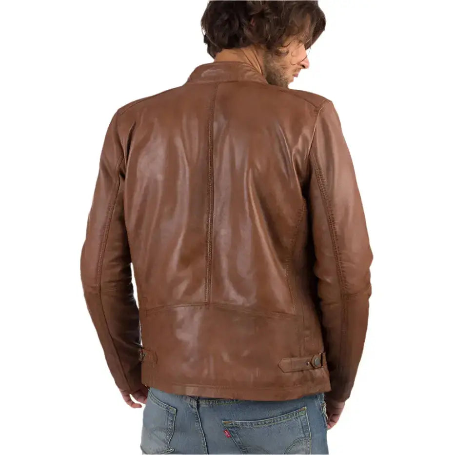 Mens Cognac Sheep Leather Biker Jacket-3