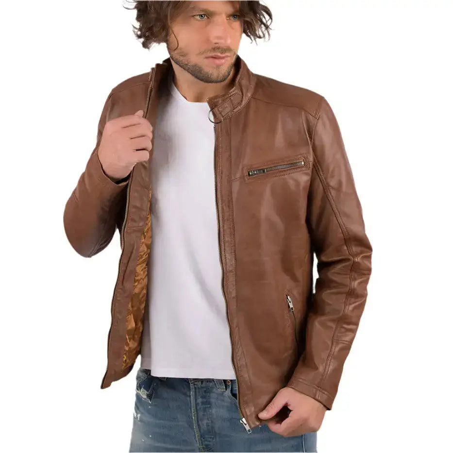 Mens Cognac Sheep Leather Biker Jacket-2
