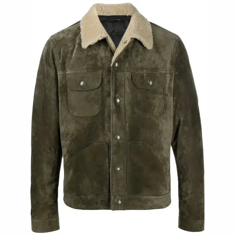 Men's Distressed Green Leather Trucker Jacket-0