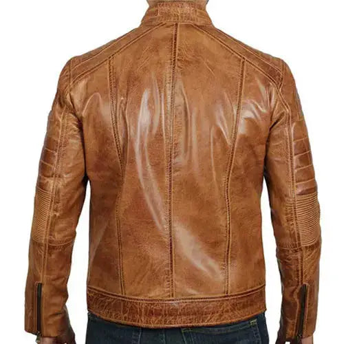 Men’s Distressed Tan Brown Café Racer Jacket with Stand Collar-1