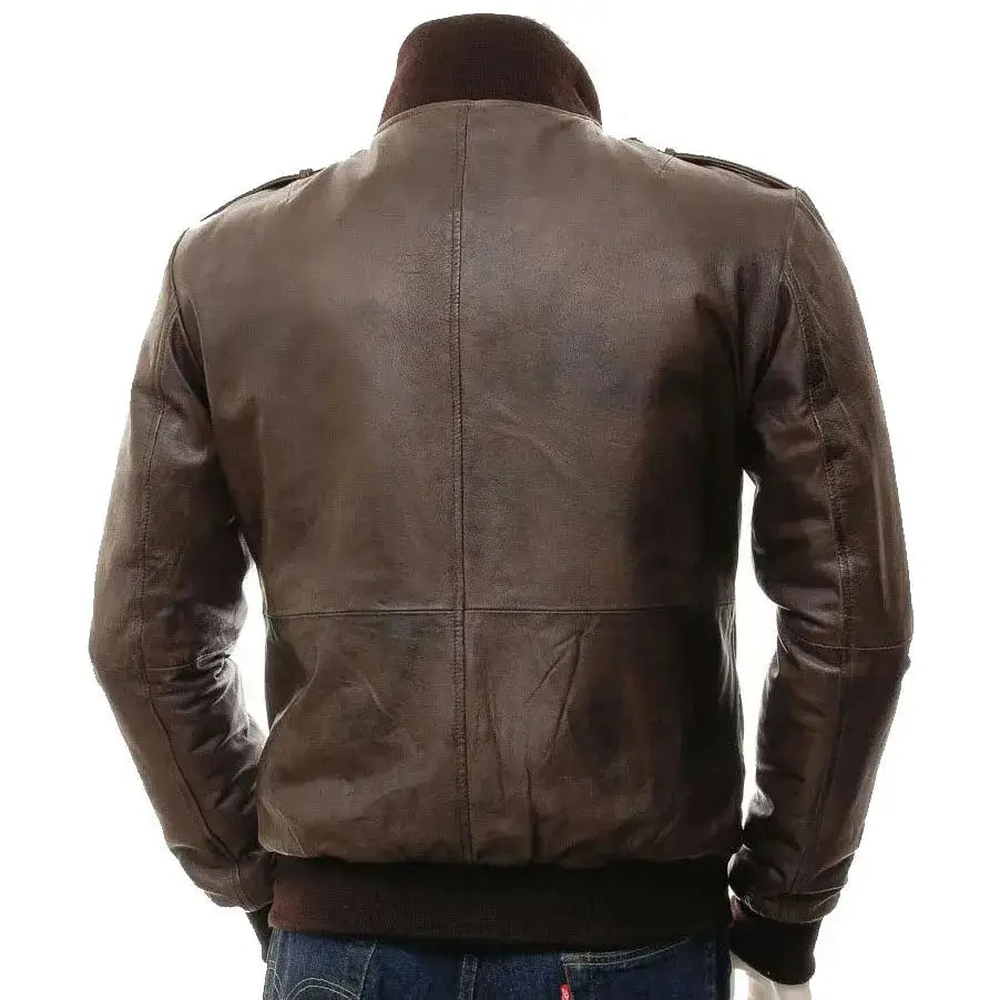 Men’s Brown Epaulet High Collar Leather Jacket