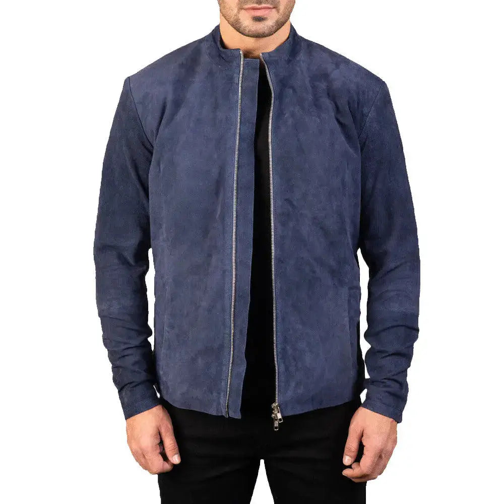 Men's Navy Blue Suede Biker Jacket