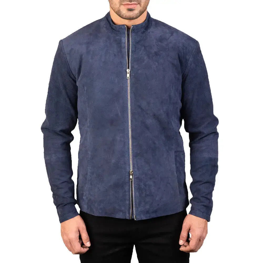 Men's Navy Blue Suede Biker Jacket