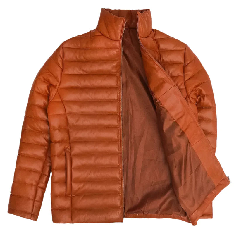 Mens Quilted Lambskin Leather Puffer Jacket