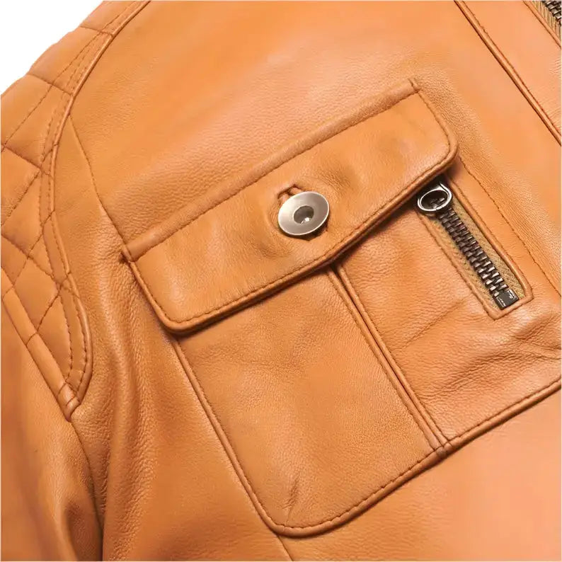 Men's Orange Lamb Leather Biker Jacket-3