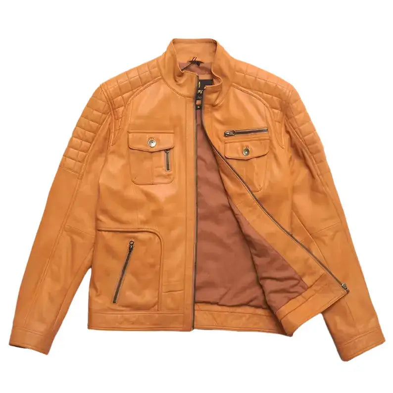 Men's Orange Lamb Leather Biker Jacket-2