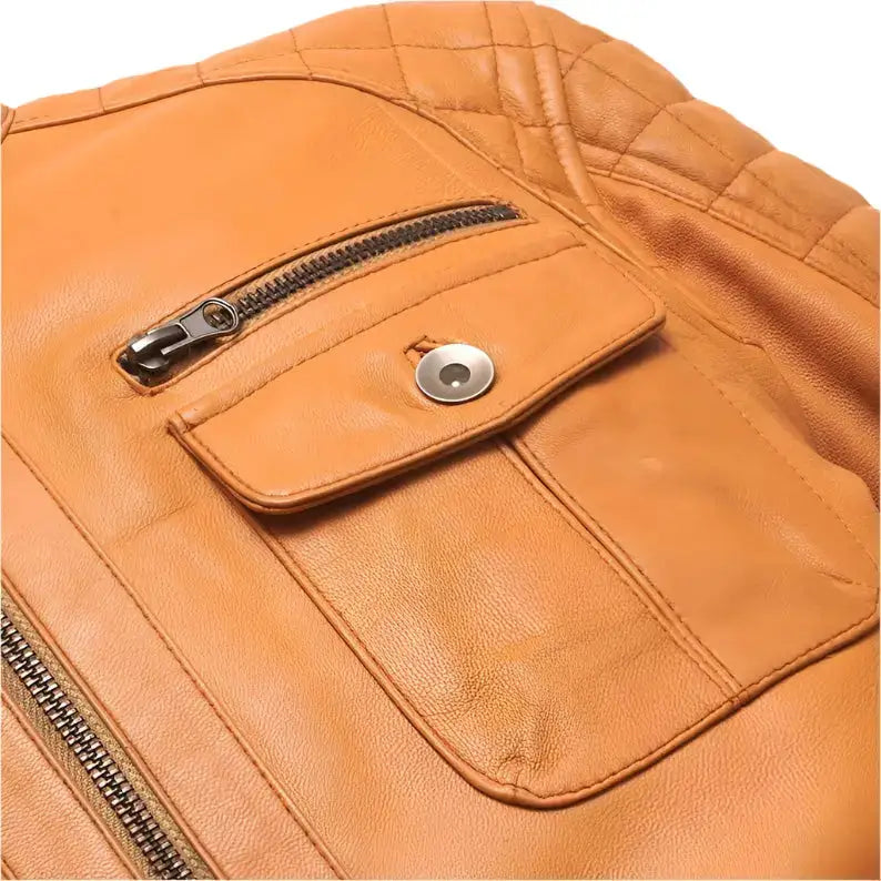 Men's Orange Lamb Leather Biker Jacket-4